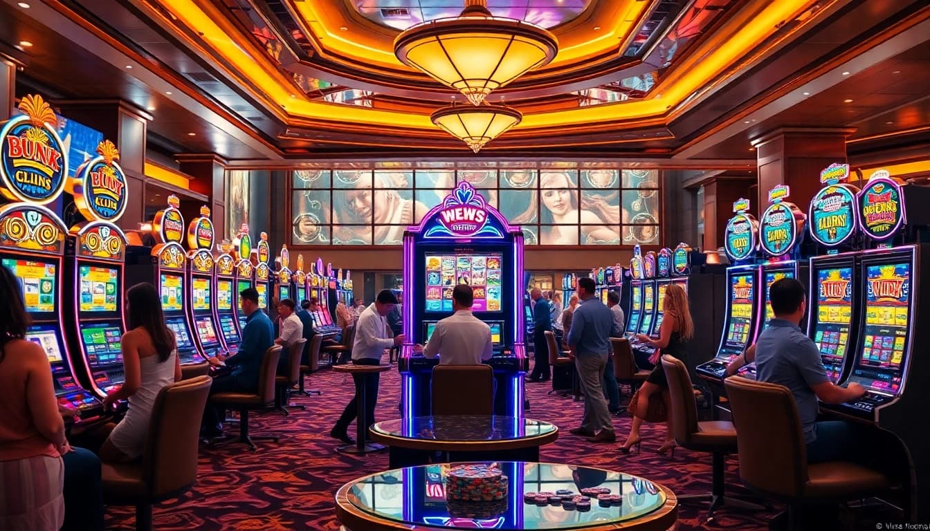 Slot Depo 5000 dengan pemain bersemangat di kasino yang elegan.