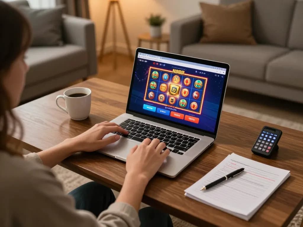 Engaging with ho88 online casino gaming on a laptop in a cozy home setting with strategic notes.