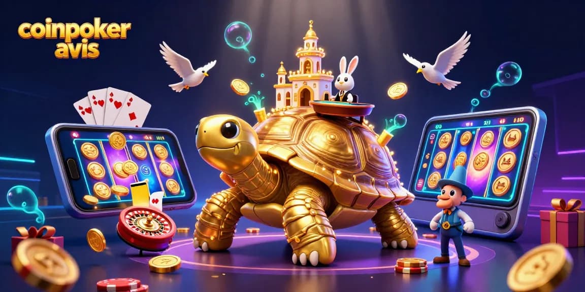 coinpoker avis : découvrez cette illustration dynamique de la plateforme de jeux avec tortue dorée et croupier en action.