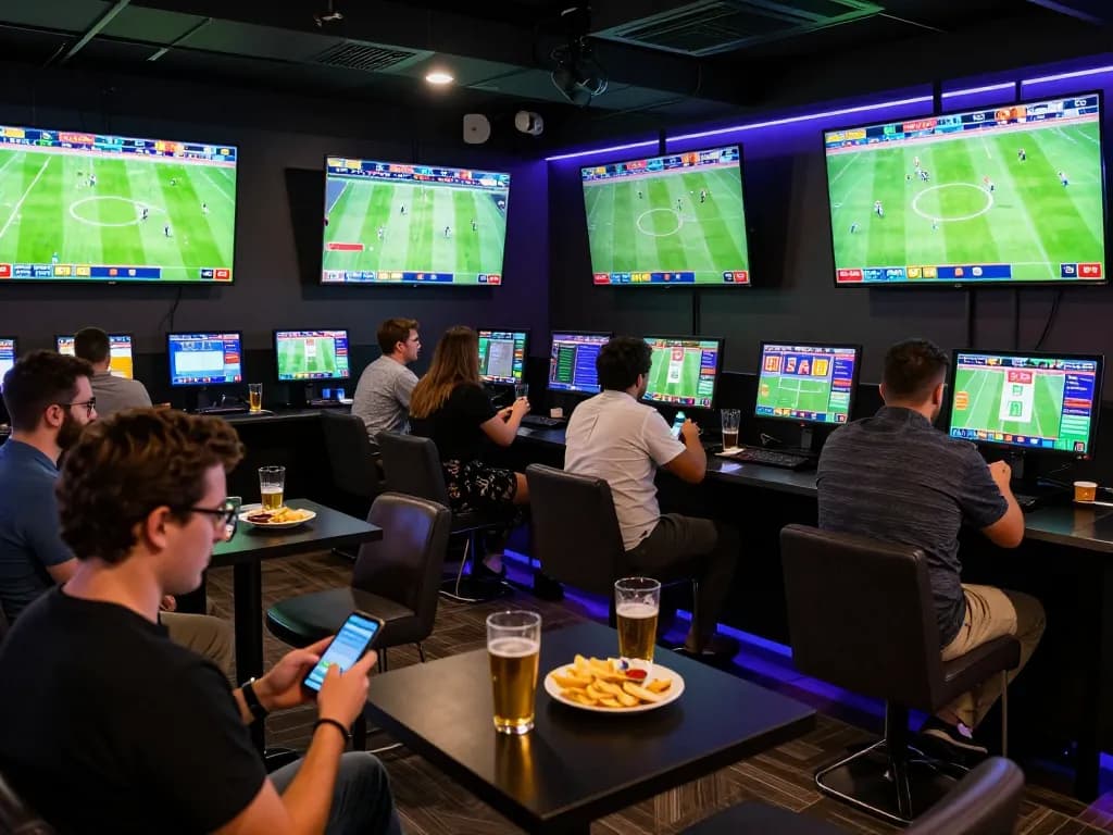 Bongdalu users enjoying live sports betting in a modern lounge with multiple screens displaying matches