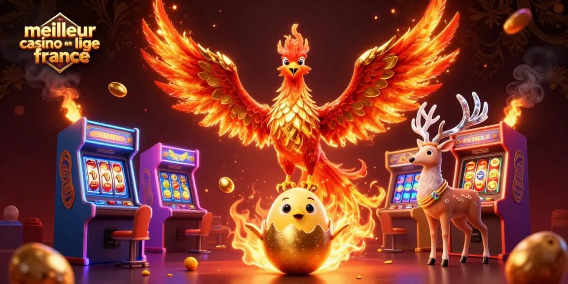 Visualisez "meilleur casino en ligne en France" avec une illustration dynamique de machines à sous, le phénix et ses éléments brûlants.
