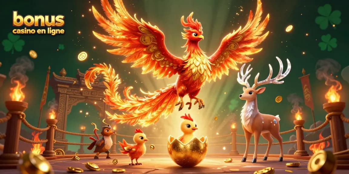 Profitez des talents du bonus casino en ligne avec cette scène animée réunissant un phénix et des jeux d'argent.