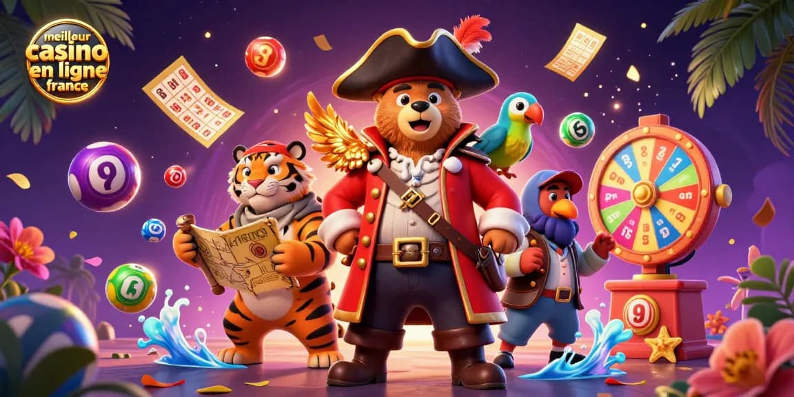 Illustration animée représentant un meilleur casino en ligne France avec un ours pirate et des éléments de loterie.