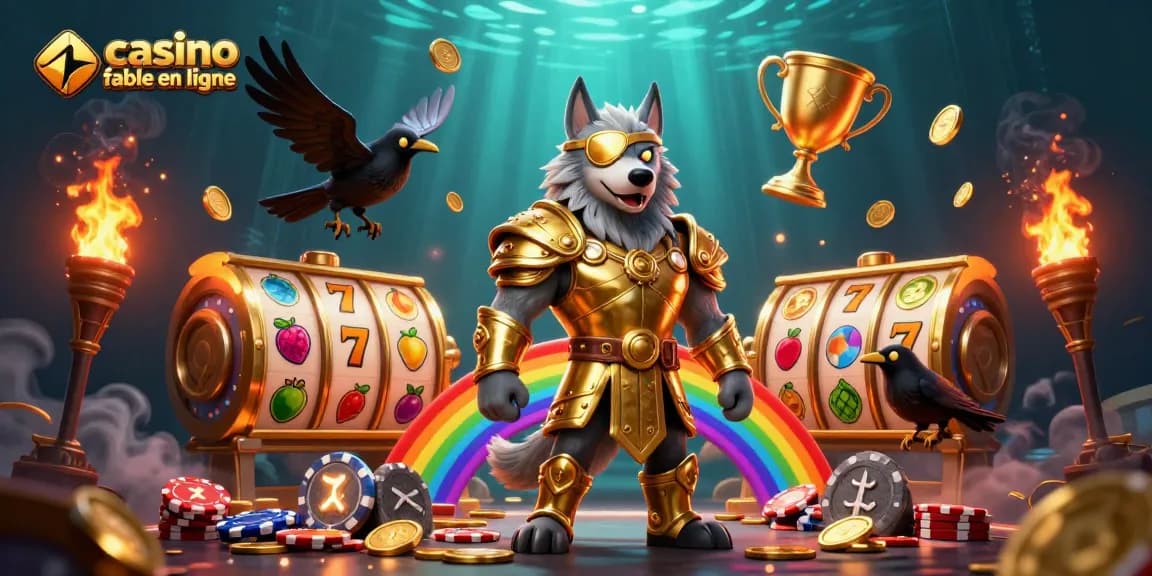 Découvrez une scène riche représentant un casino fiable en ligne avec des personnages mythologiques et des symboles de jeux.