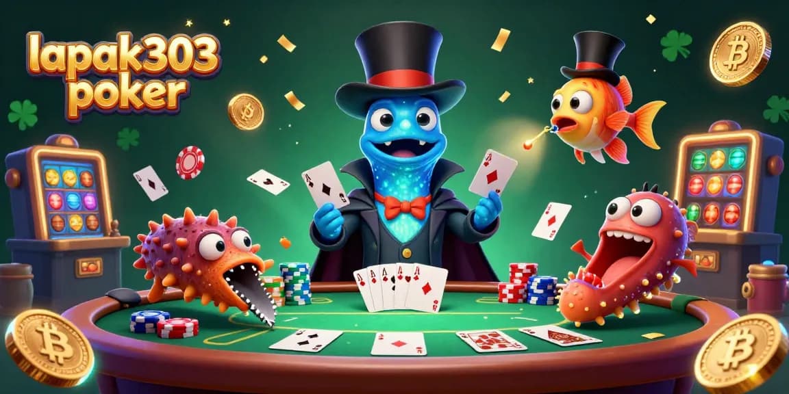 Menghadirkan suasana menang di lapak303 poker dengan karakter unik merayakan kemenangan.
