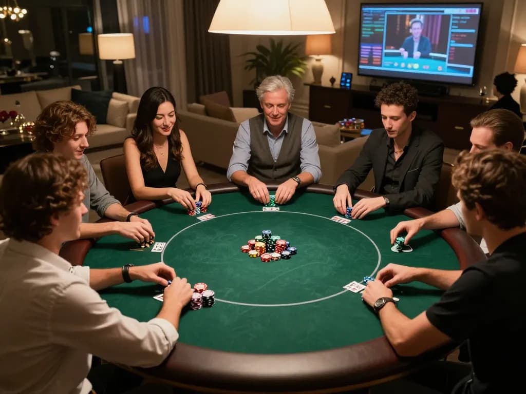 KIM99 poker players strategizing over a round table, enjoying drinks and snacks in a social setting