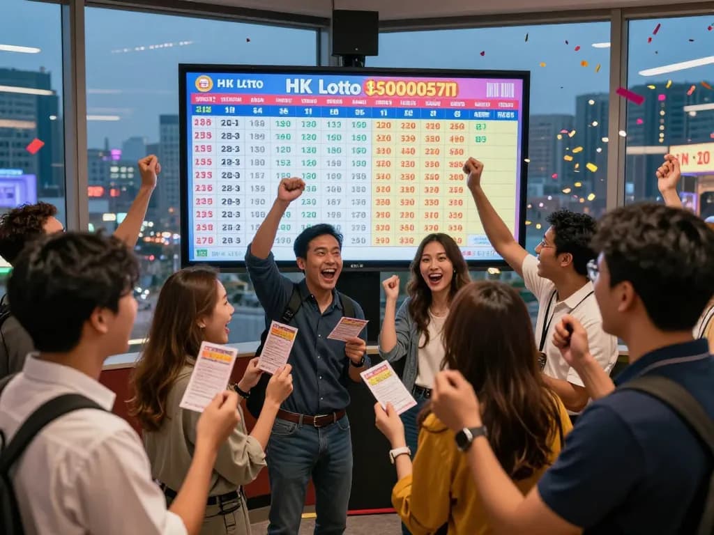 Live HK Lotto results showcasing joyful players celebrating their wins in an urban setting.