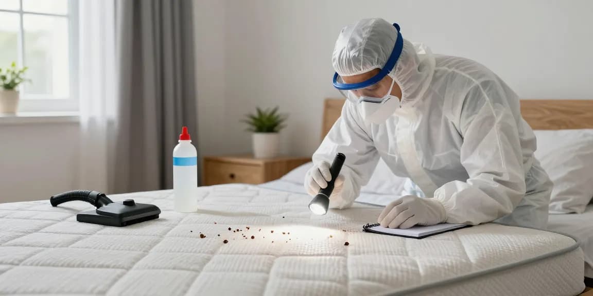 Technician conducting bed bug control inspection in a cozy bedroom setting