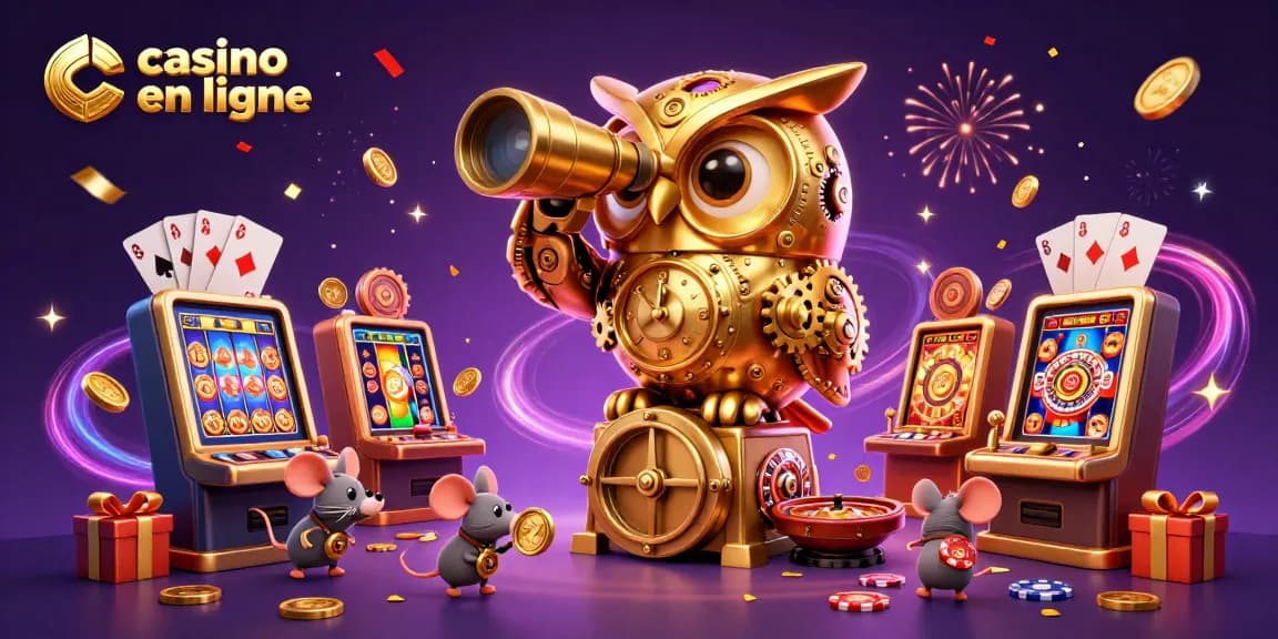 Explorez un casino fiable en ligne avec une illustration de hibou mécanique et des jeux lumineux.