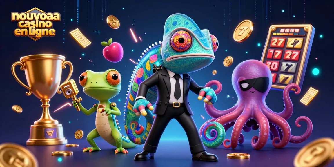 Illustration dynamique de nouveau casino en ligne avec des personnages colorés et des éléments de jeux de casino.