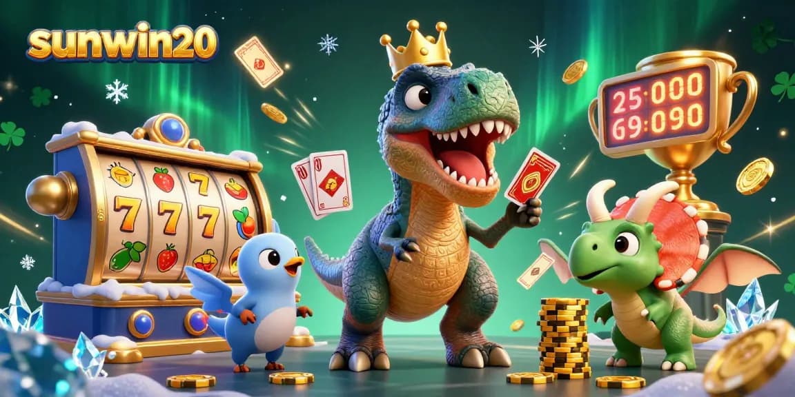 Exciting illustration of sunwin20's dynamic gaming atmosphere with cartoon dinosaurs shuffling cards and stacking chips.