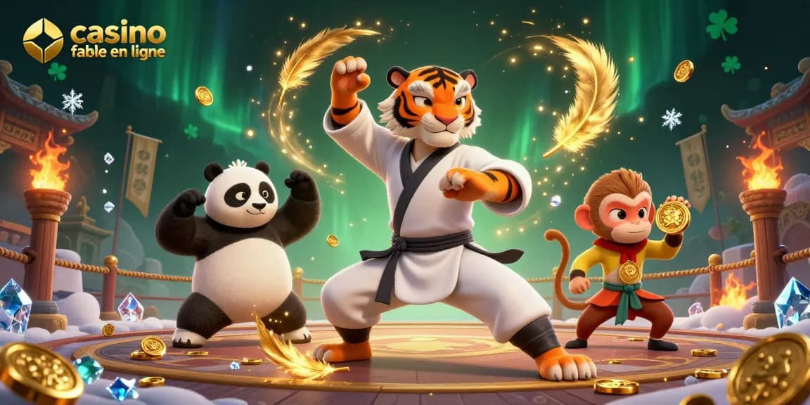 Illustration dynamique présentant un tigre maître de kung-fu avec un panda disciple dans une ambiance de casino fiable en ligne.