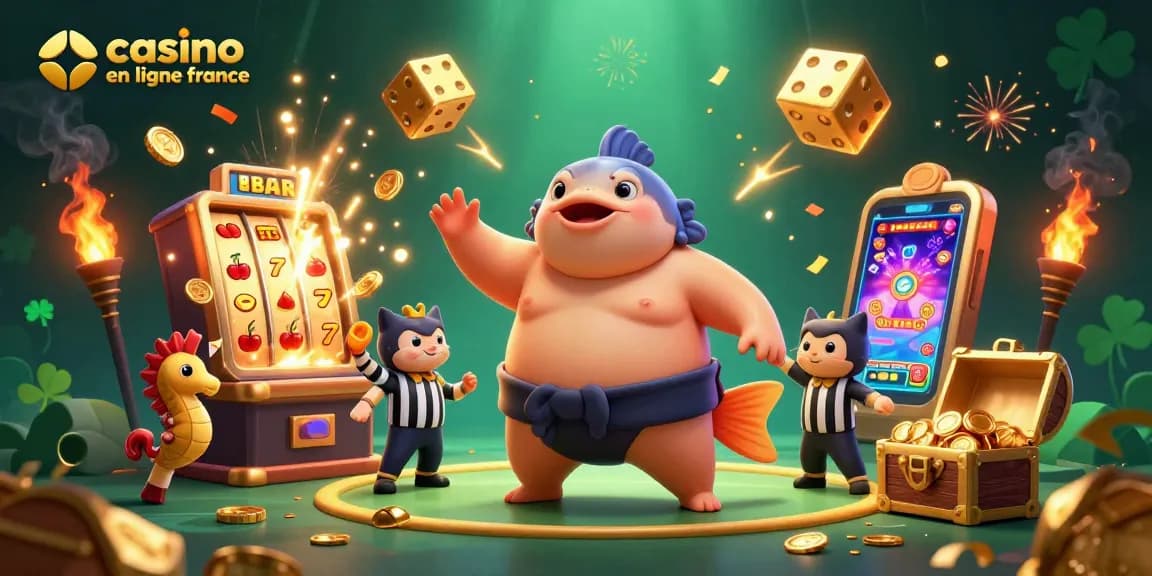 Gagnez avec le casino en ligne en France dans cette scène dynamique colorée de jeux et de jackpots.