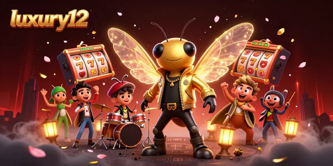 Engage with luxury12 as the 3D animated cicada rock star leads a dynamic casino scene filled with slot reels.