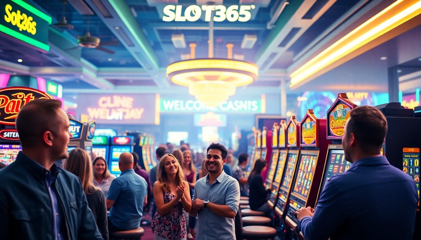 SLOT365 menciptakan suasana kasino yang meriah dengan mesin slot berwarna cerah.