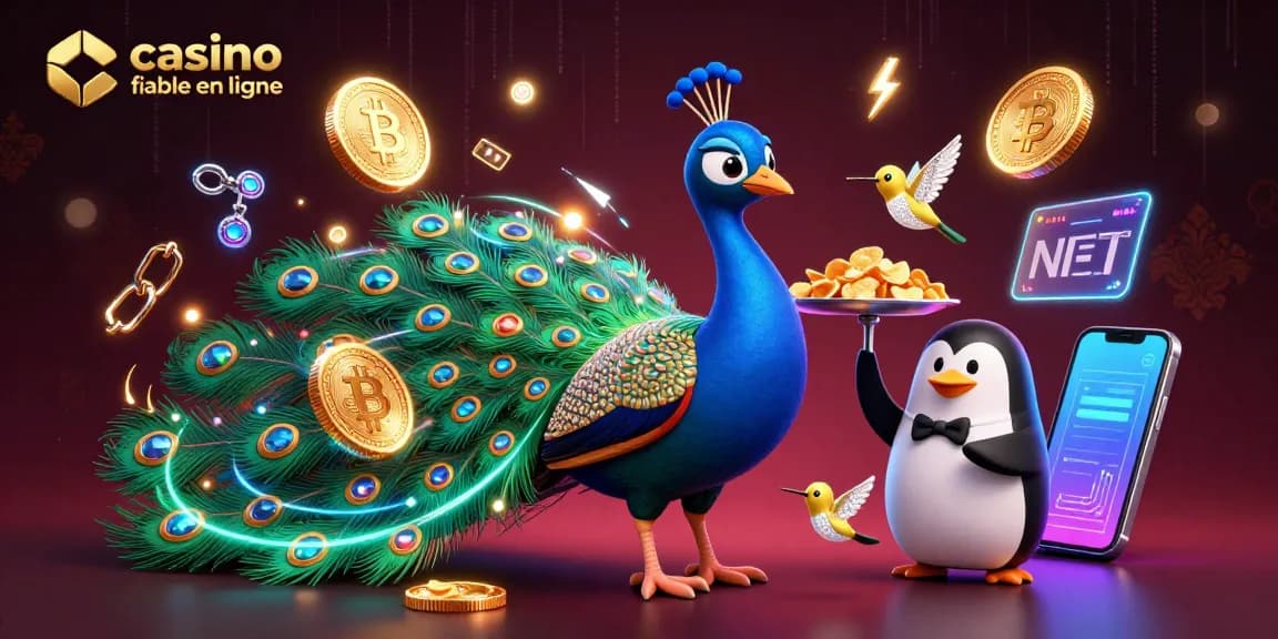 Visualisez le monde du casino fiable en ligne avec un paon aristocratique et un pingouin.