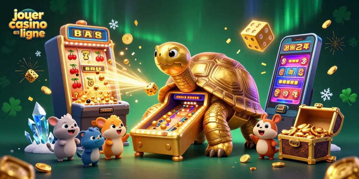 Jouer au casino en ligne avec une tortue géante et une machine à sous explosant de pièces d'or
