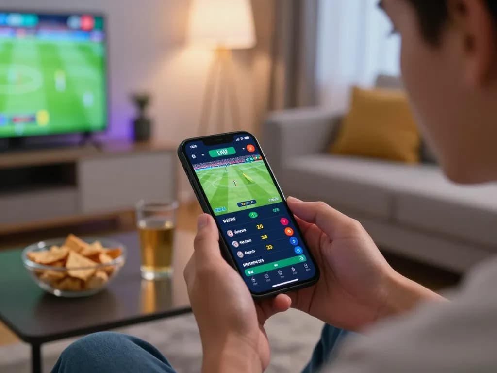 Engaging in sports betting with vin88 on a smartphone in a cozy living room