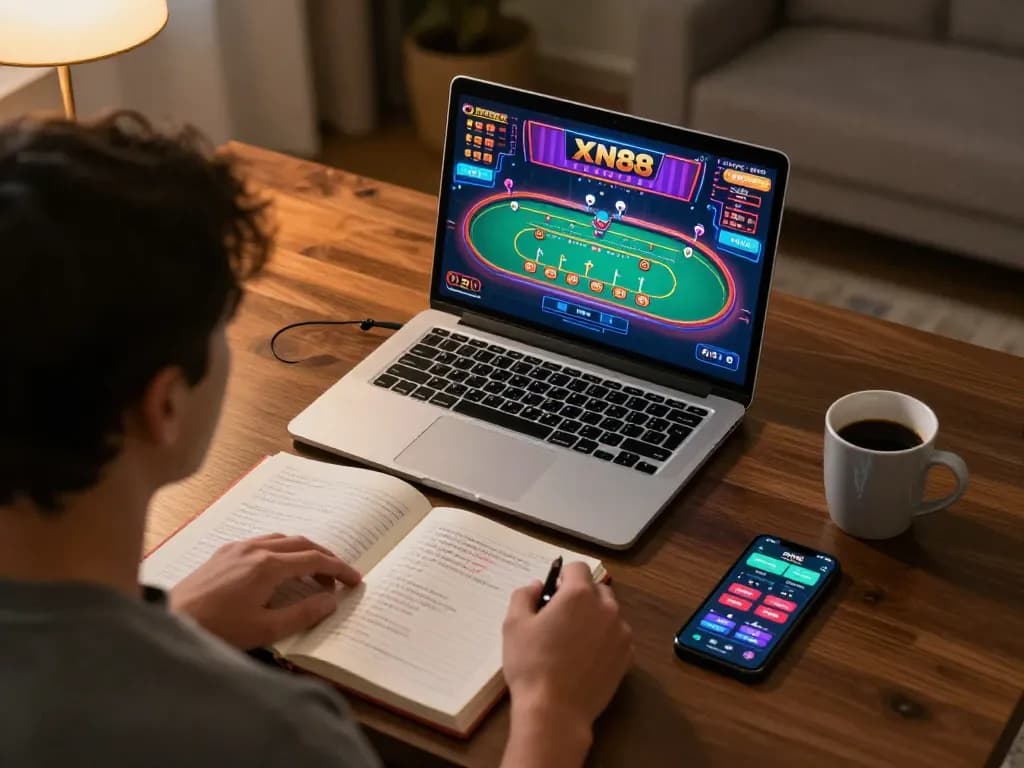 XN88 player engaging in a live dealer game on their laptop, showcasing comfortable online gambling.