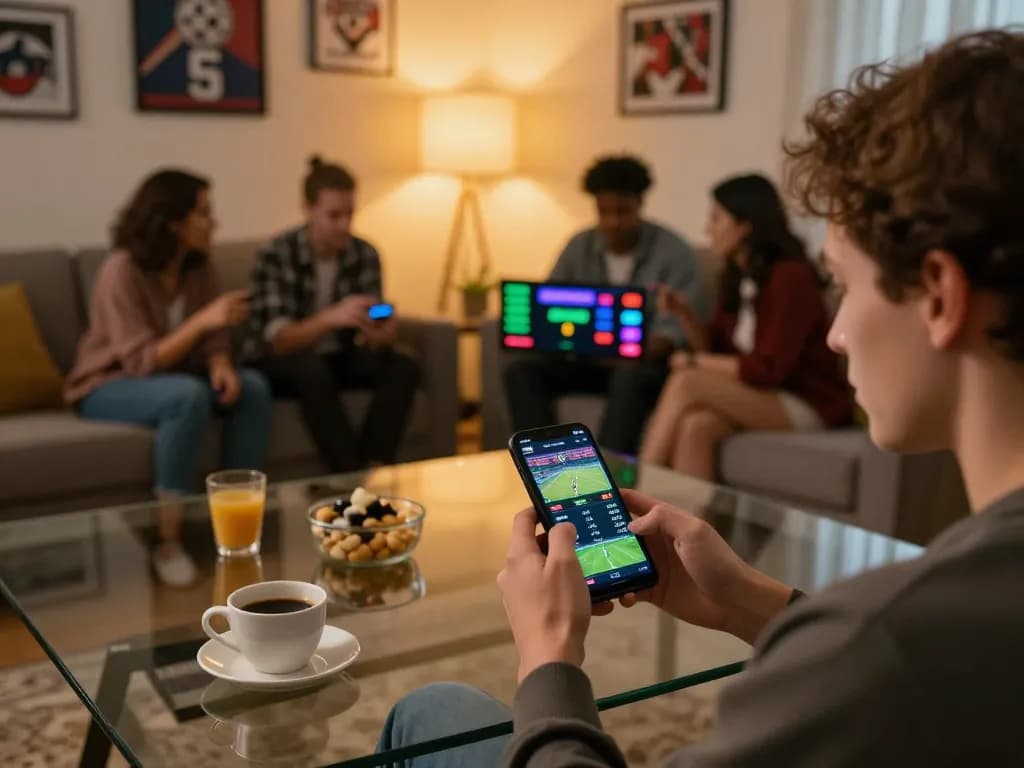 Sunwin sports betting action on smartphone in a cozy living room setting with friends.