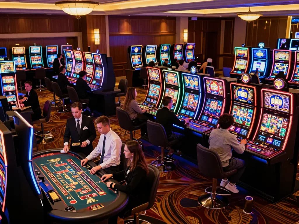Excited players engaging with bright slot machines at the 789win link casino gaming floor.