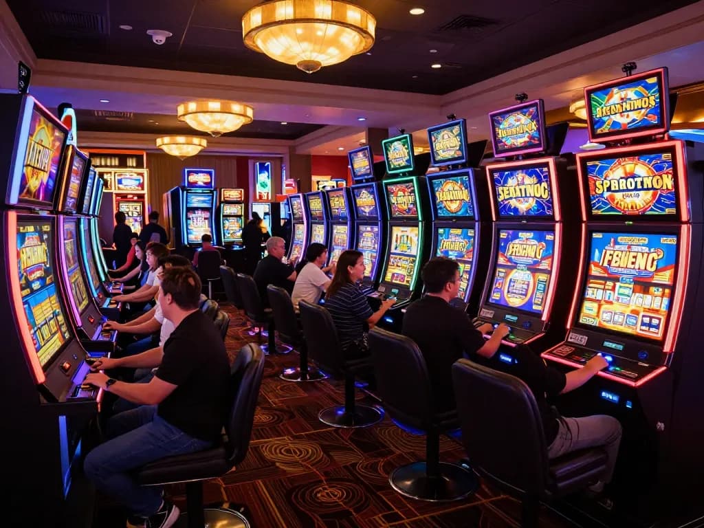 Players enjoying exciting slot machine games in a lively casino scene.