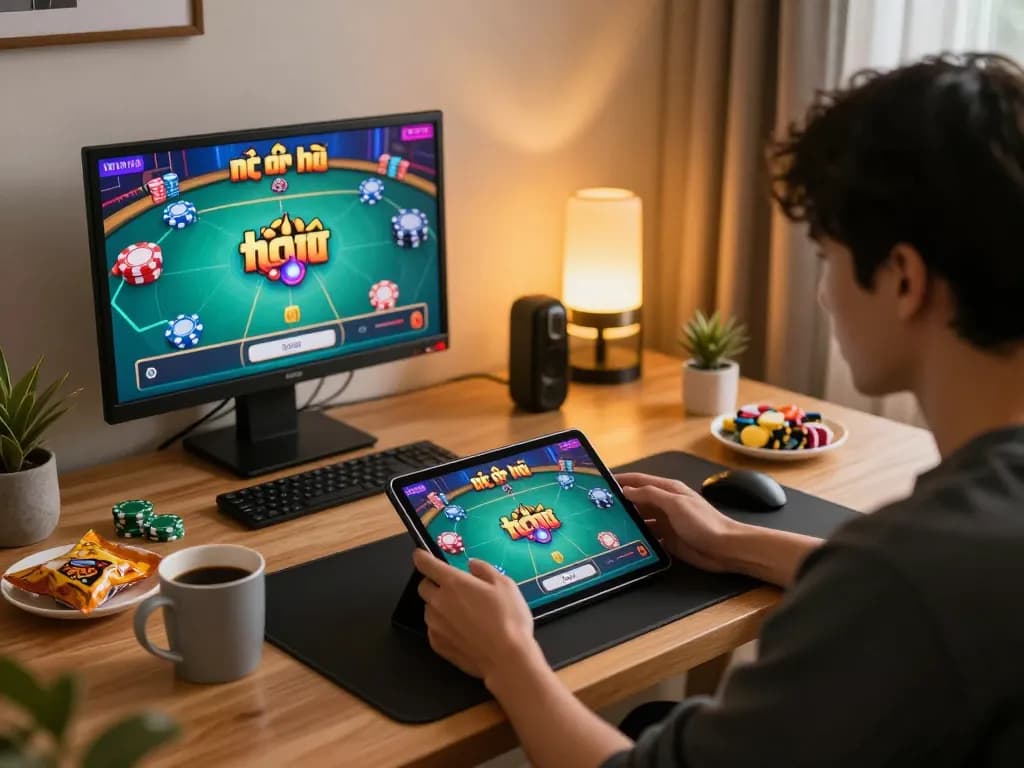 Engaged player experiencing nổ hũ online gameplay on a tablet in a cozy home office