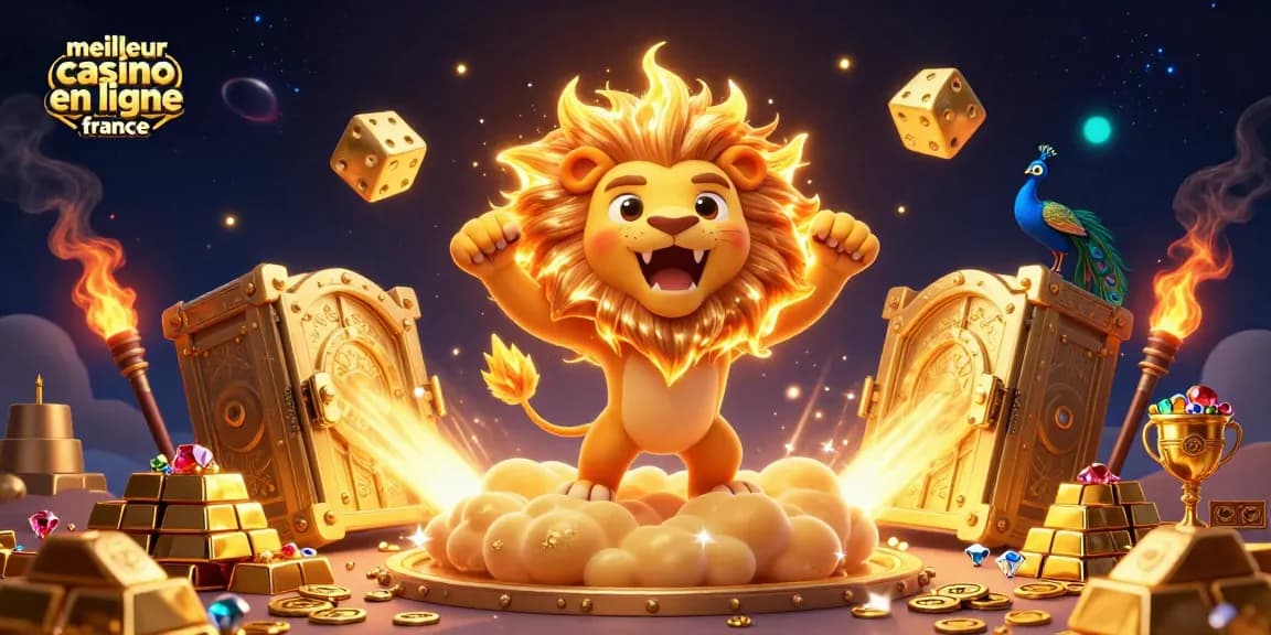 Une illustration dynamique présentant le meilleur casino en ligne France avec un lion solaire et des éléments de jeu captivants.