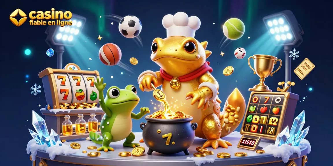 Illustration de salamandre dorée transmutant des pièces d'or dans un casino fiable en ligne, entourée de symboles de jeux