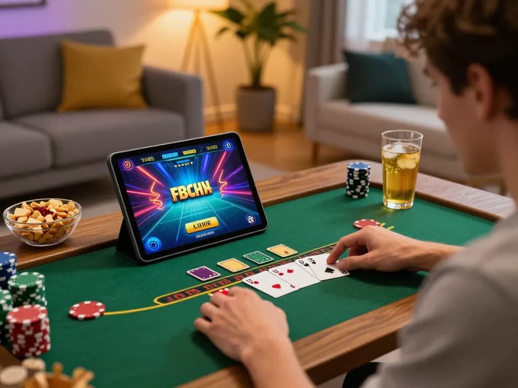Player enjoying LC99 online blackjack on tablet in a cozy home environment, highlighting responsible gaming.