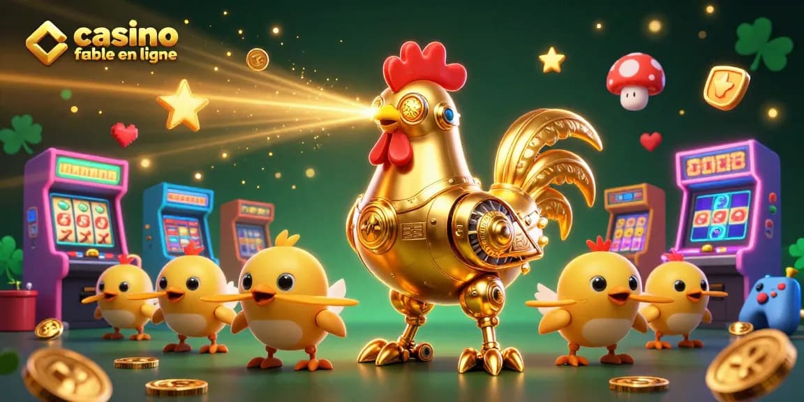 Plongez dans l'univers du casino fiable en ligne avec des machines à sous et un robot coq futuriste.