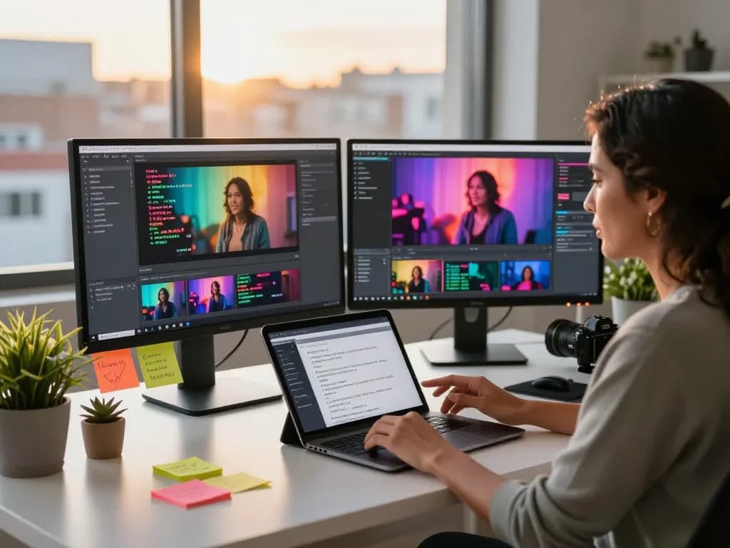 Creator generating video to prompt in a vibrant digital workspace filled with monitors and creative elements.