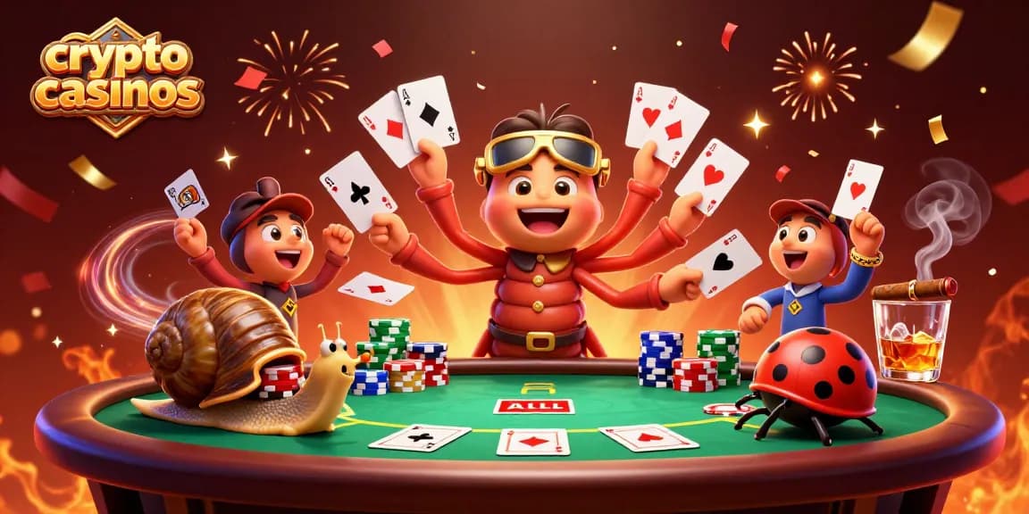 Jouer aux crypto casinos avec un croupier millipède et une ambiance festive de poker.