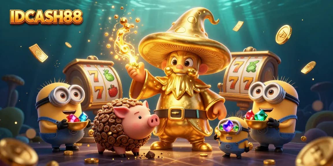 Play slots withIDCASH88, featuring a magical wizard and treasure-hunting pig in a vibrant casino scene.