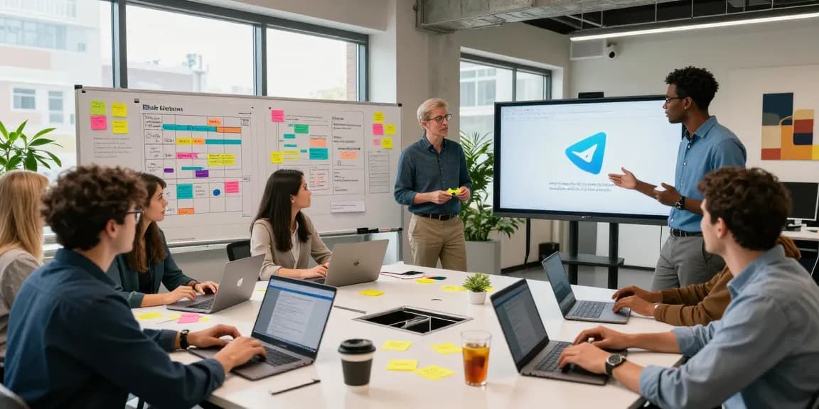 Collaborative tech workspace showing professionals discussing telegram官网 features in a modern office.