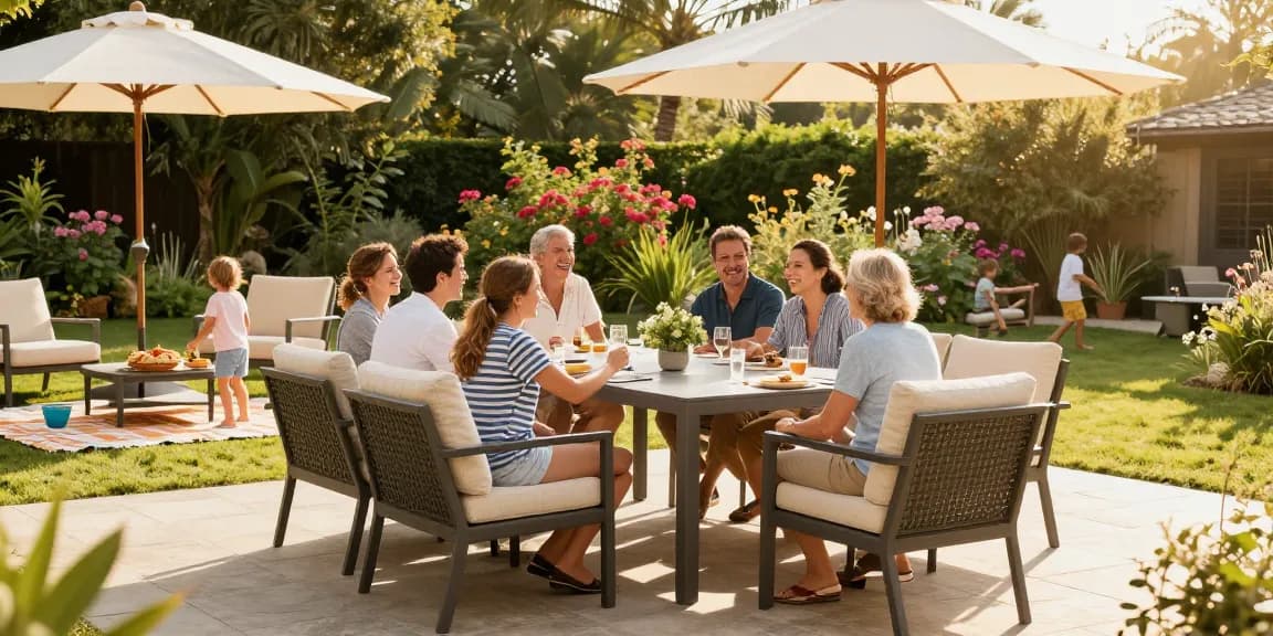 Outdoor seating furniture in a cozy family gathering, stylish dining set with cushions and umbrellas in a garden.