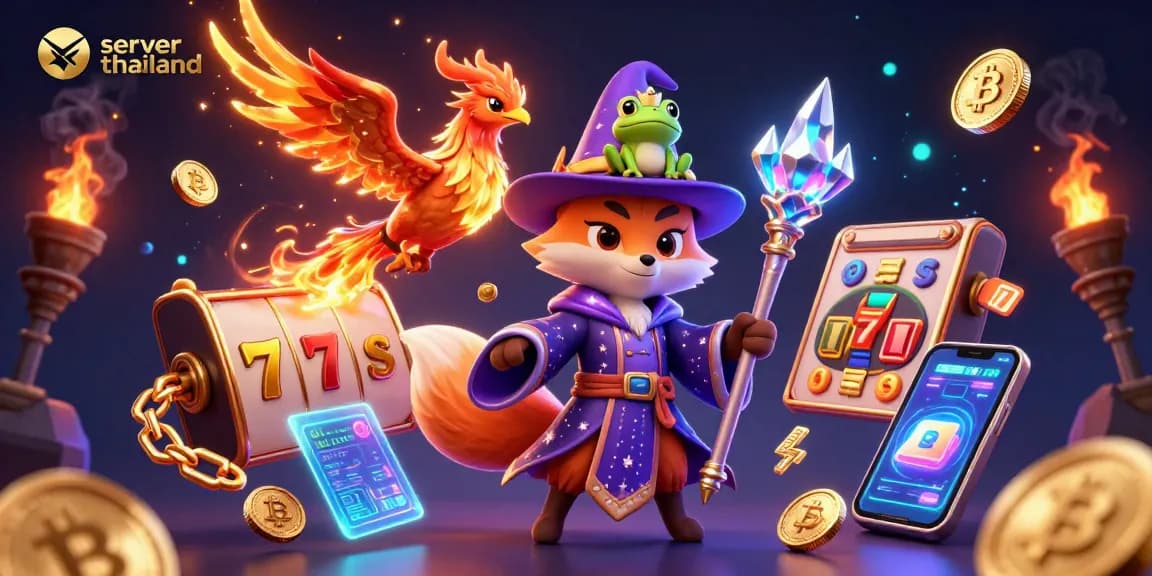Experience exciting gameplay with server thailand featuring vibrant illustrations of slots and crypto elements.