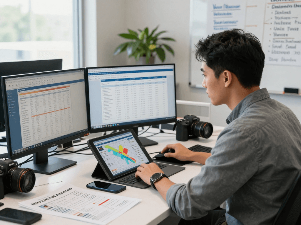 Political search advertising analysis with strategist reviewing voter data in a modern office.