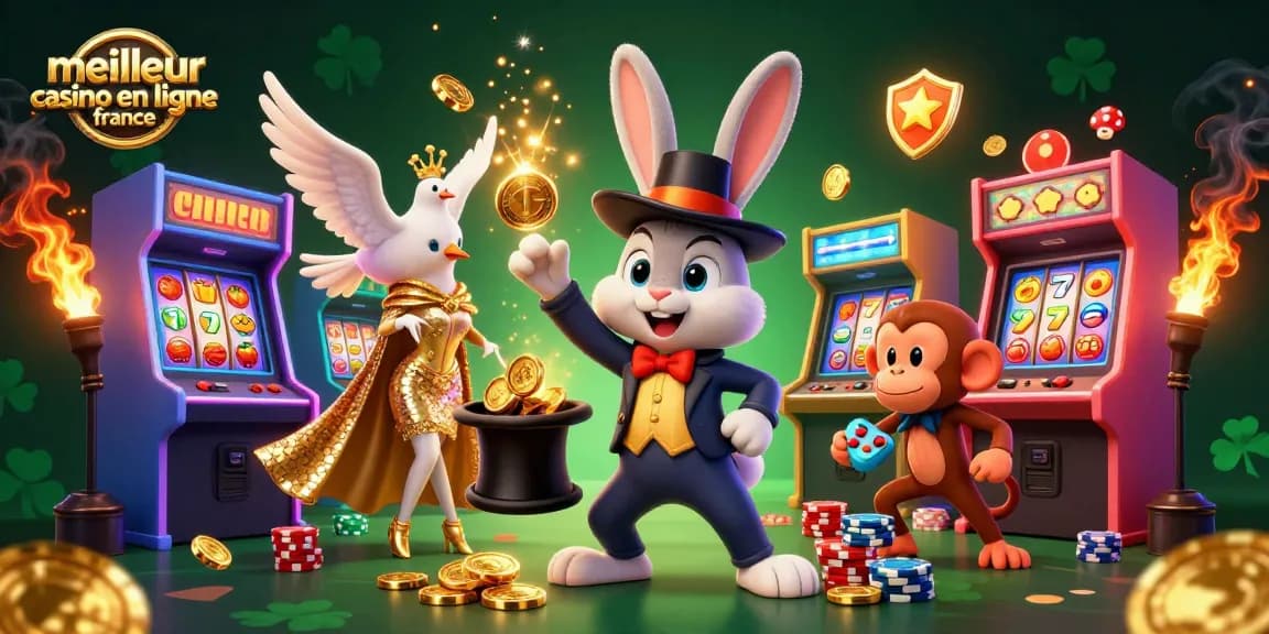 Illustration captivante du meilleur casino en ligne France avec un lapin magicien, des pièces d'or et une ambiance casino dynamique.
