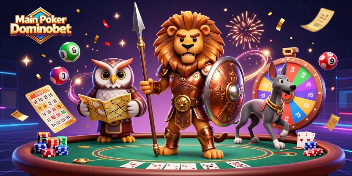 Main Poker Dominobet showcases an exciting poker scene with vibrant elements and characters in action.