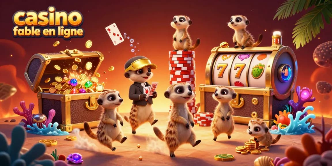 Casino fiable en ligne avec des suricates gérant des jeux de hasard dans une scène dynamique remplie de jetons et de cartes.