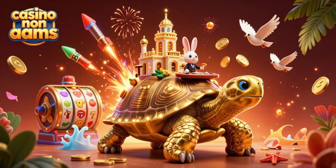 Giocare nei casino non AAMS con la tartaruga d'oro e il dealer con le carte, circondati da simboli di frutta e 7 fortunati.