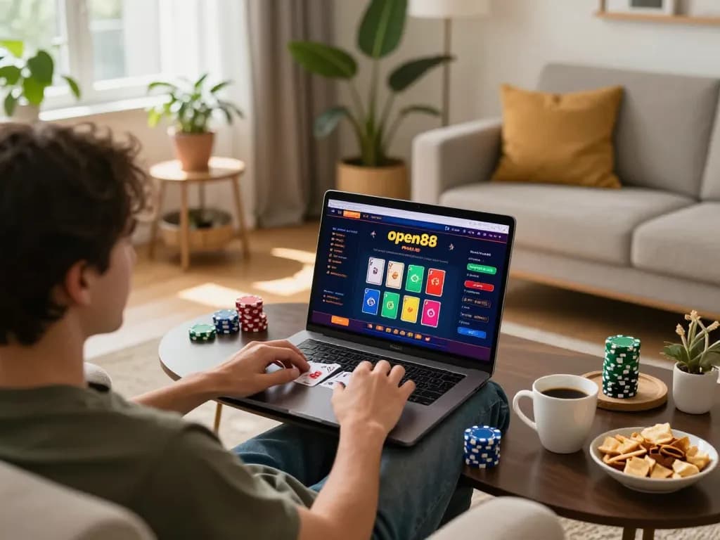 Engage in online poker at Open88 with a cozy home setup, vibrant gaming atmosphere.