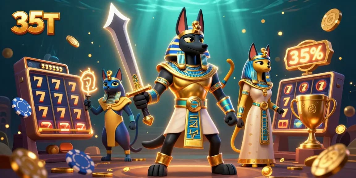 Engage with 35T casino thrills and ancient Egyptian warriors in a vibrant 3D illustration.