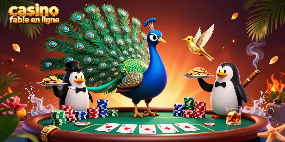 Jouer à un casino fiable en ligne avec une illustration d'un paon aristocratique et un pingouin serveur