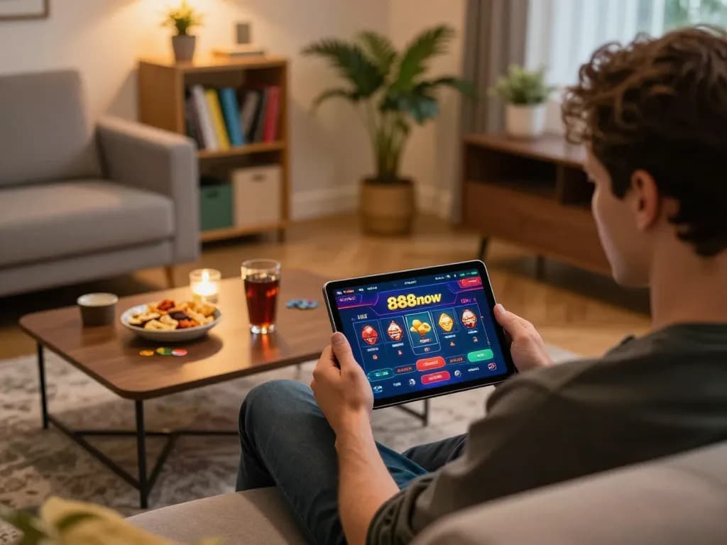 Player explores 888now casino interface on tablet during home gaming session, surrounded by snacks and warm lighting.