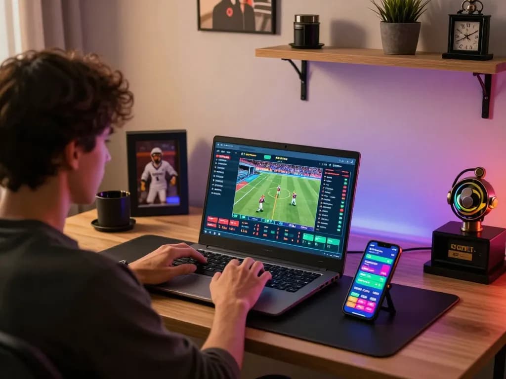 Engaged user placing sports bets online using 包网 platform on laptop in a cozy environment.