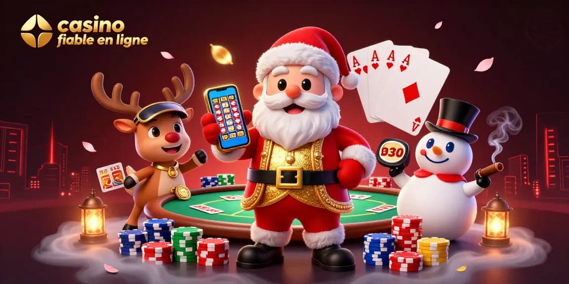 Visibilité d'un casino fiable en ligne avec un Père Noël 3D souriant, ses amis et des éléments de jeu dynamique.