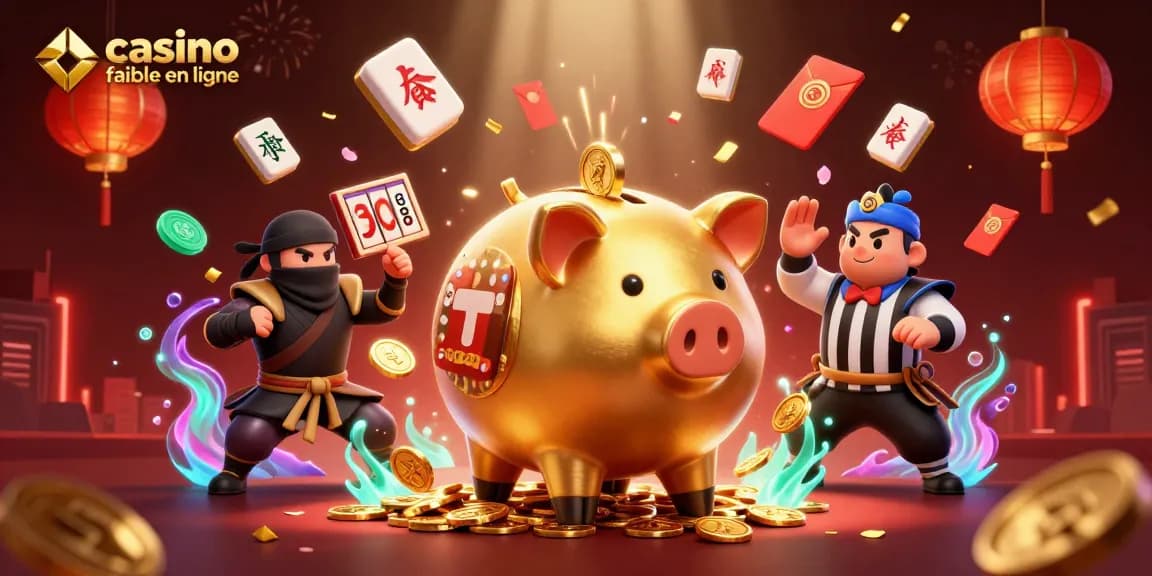 Illustration dynamique de personnages de casino fiable en ligne avec un sumo et un ninja entourés d'éléments de jeux