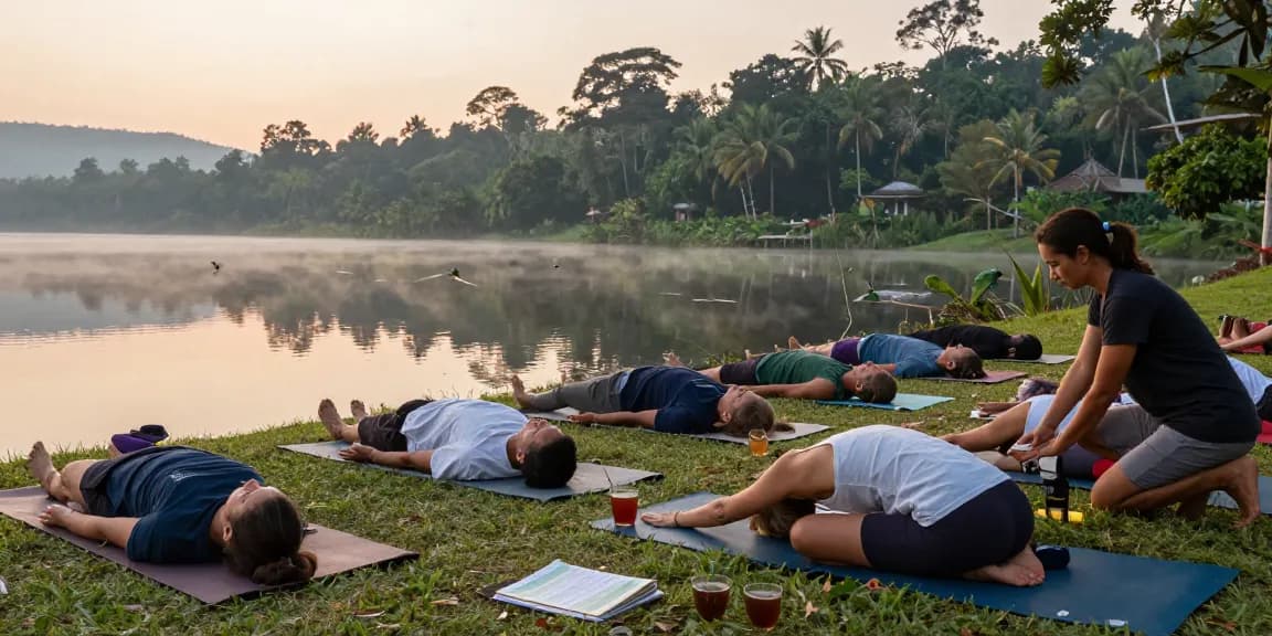 Yoga teacher training Sri Lanka participants practicing yoga poses by Koggala Lake.